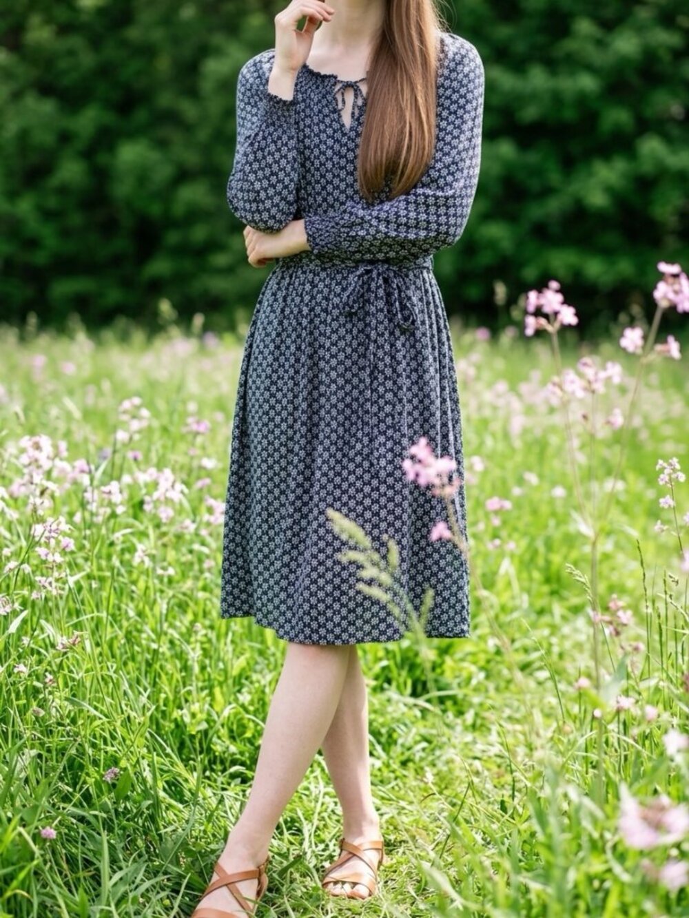 Caslon Navy Blue Ditsy Floral Midi 3/4 Sleeve Belted Dress Sz XS Cottage Indie